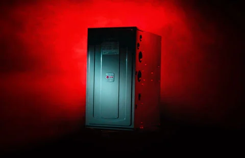 A modern high-efficiency furnace positioned against a dramatic red smoky background with atmospheric lighting highlighting the front panel.
