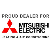Badge: "Proud Dealer for Mitsubishi Electric Heating & Air Conditioning"