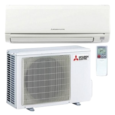 A white Mitsubishi Electric mini-split air conditioning system, including an indoor wall-mounted unit, an outdoor condenser unit, and a handheld remote control.